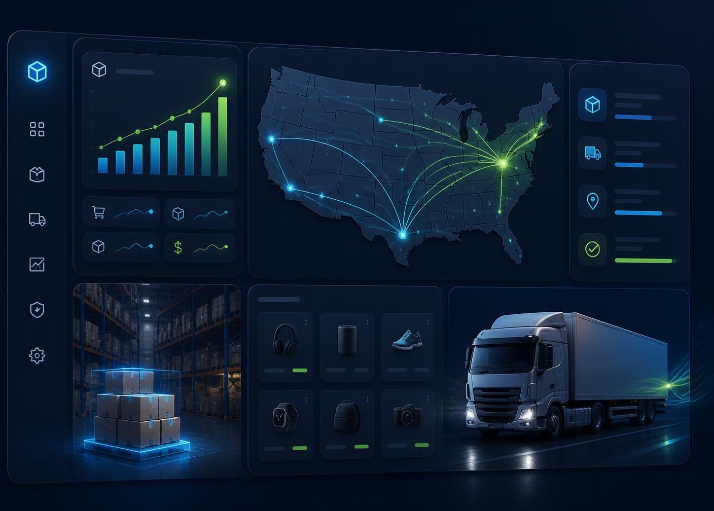 Oasis Edge Clothing Co warehouse dashboard showing US shipping routes, live order analytics, and same-day fulfillment